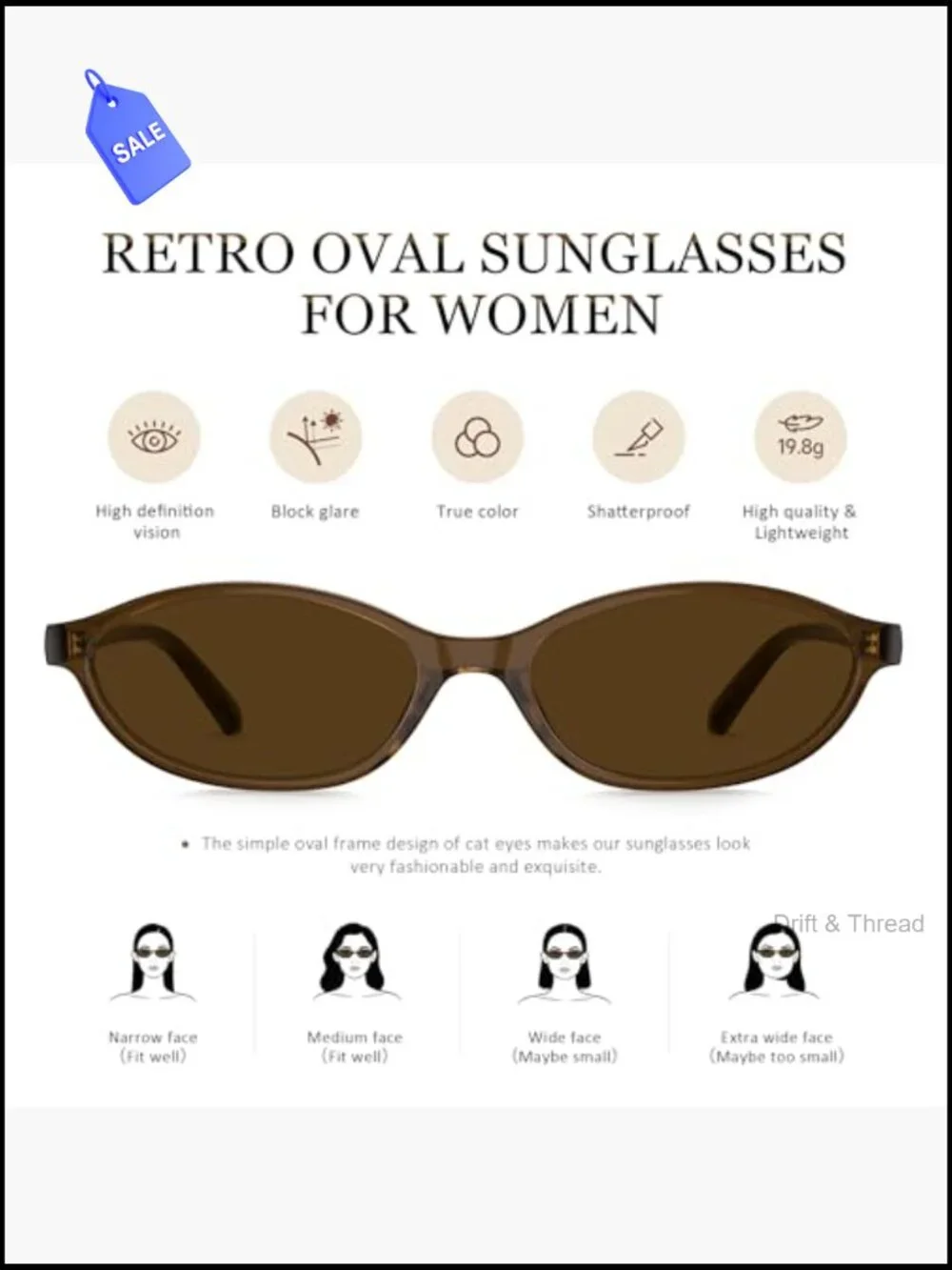 90s Oval Cat Eye Sunglasses UV400 Retro Y2K Shades Slim Frame Lightweight for